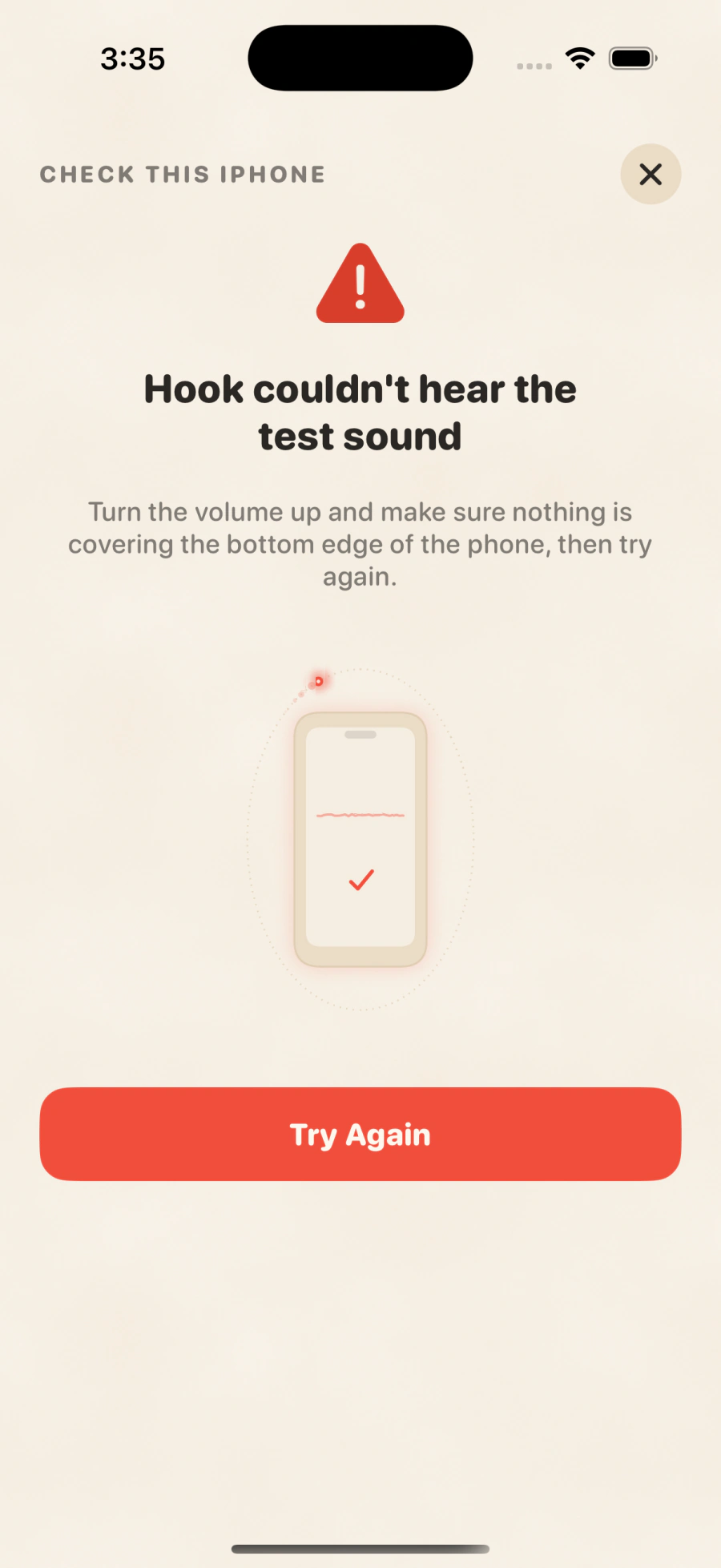 When a reading isn't clean, the app says so and offers Try Again