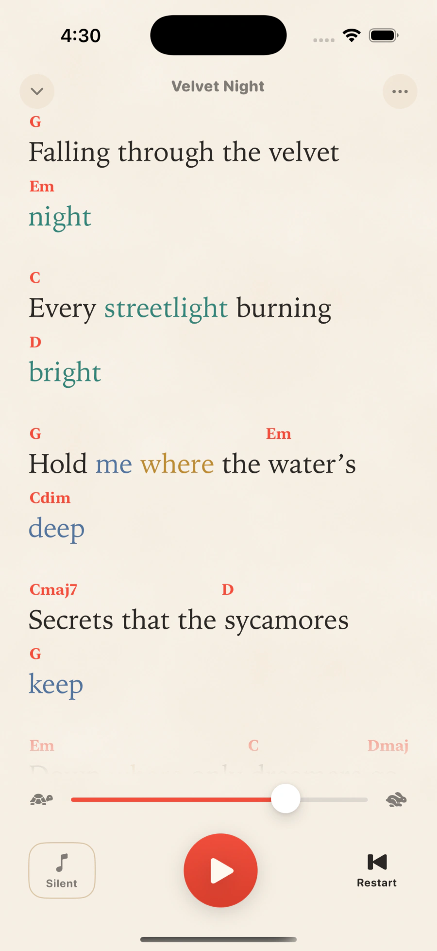 Perform mode: big lyrics with chords set above the words and rhyme colors, a speed slider and play controls